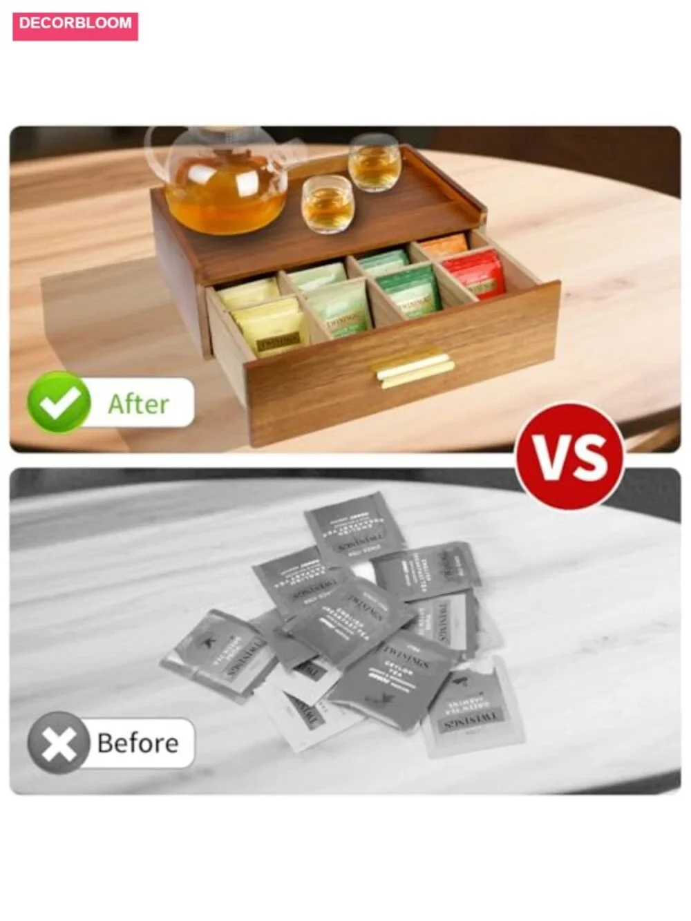 Acacia Wood Tea Bag Organizer with Storage Drawer